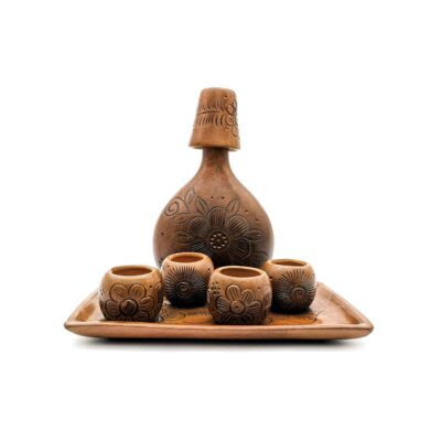 Kit botanero de Barro Negro: 1 plato, 5 copas y 1 licorera
