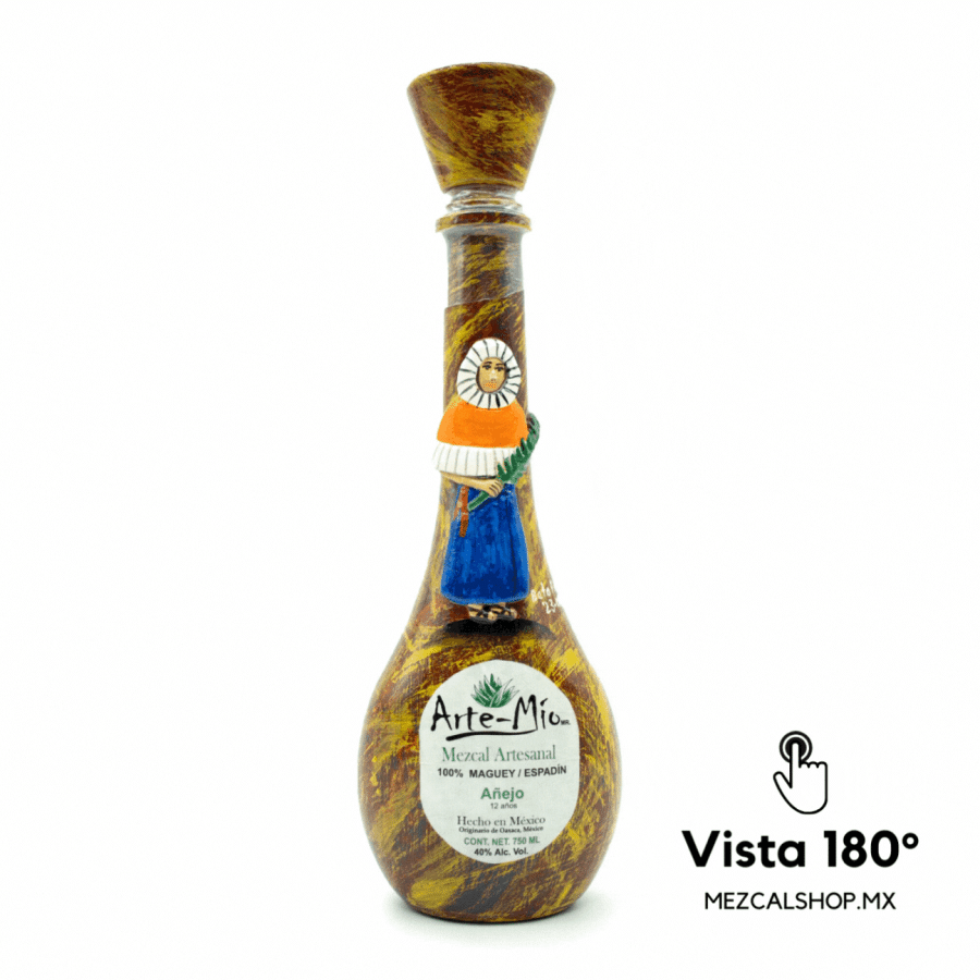 botella artesanal de mezcal arte mio color amarillo vista 180 grados