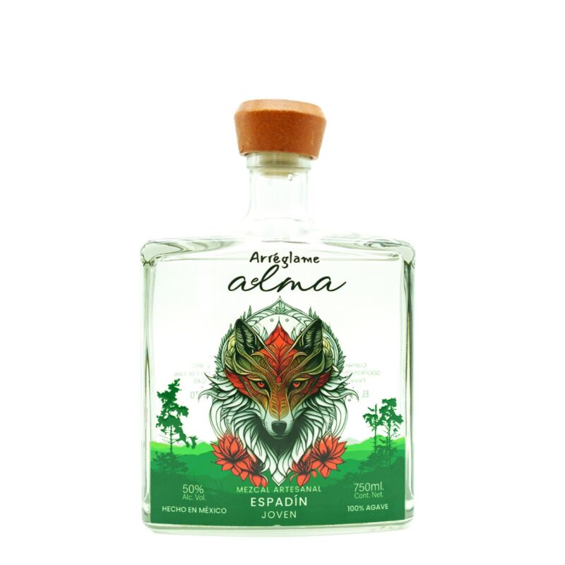 BOTELLA DE MEZCAL ARREGLEME EL ALMA, LOBO ESPADIN