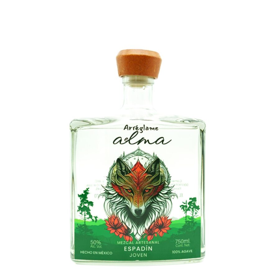 BOTELLA DE MEZCAL ARREGLEME EL ALMA, LOBO ESPADIN