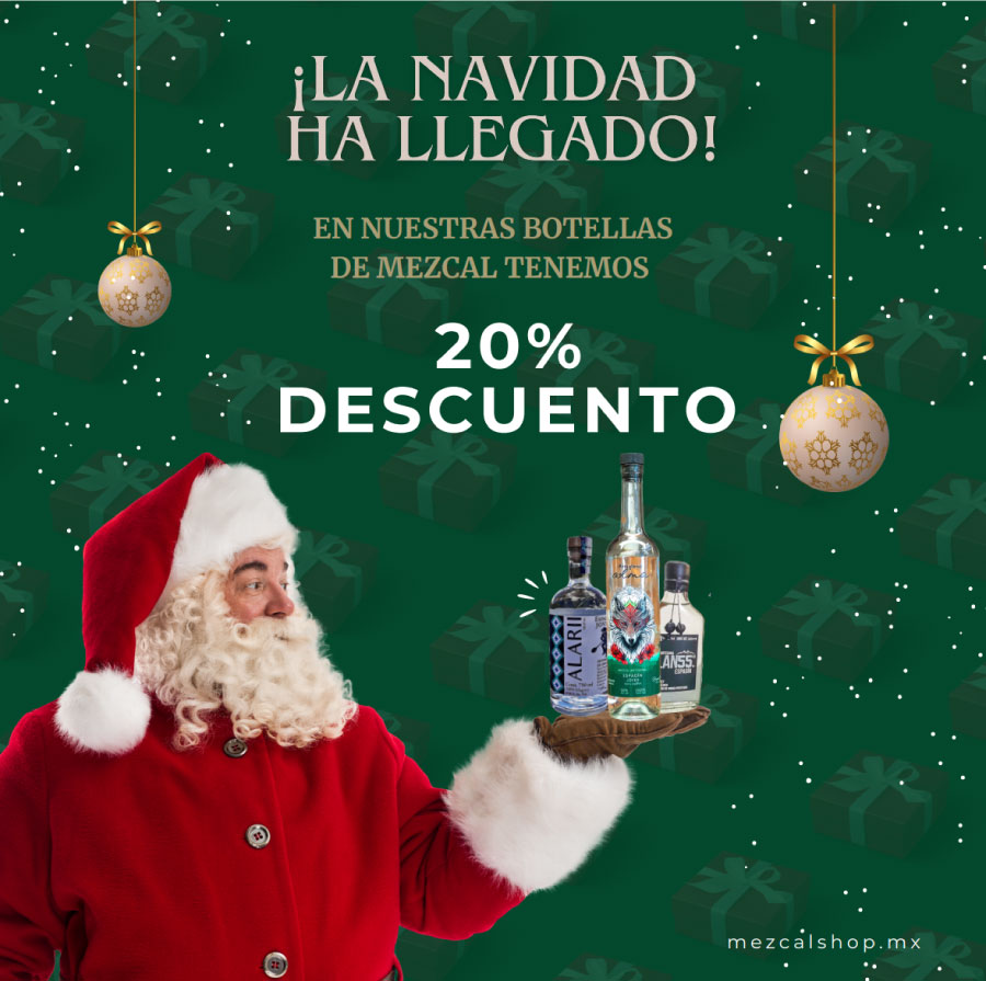 santa ofreciendo descuentos en mezcal