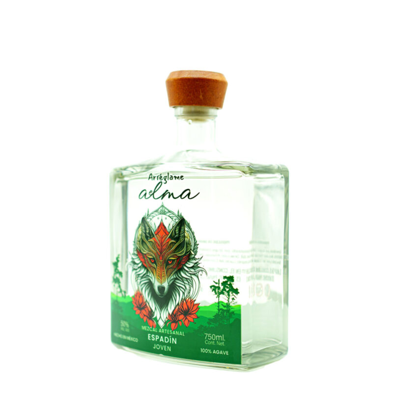 BOTELLA DE MEZCAL ARREGLEME EL ALMA, LOBO ESPADIN