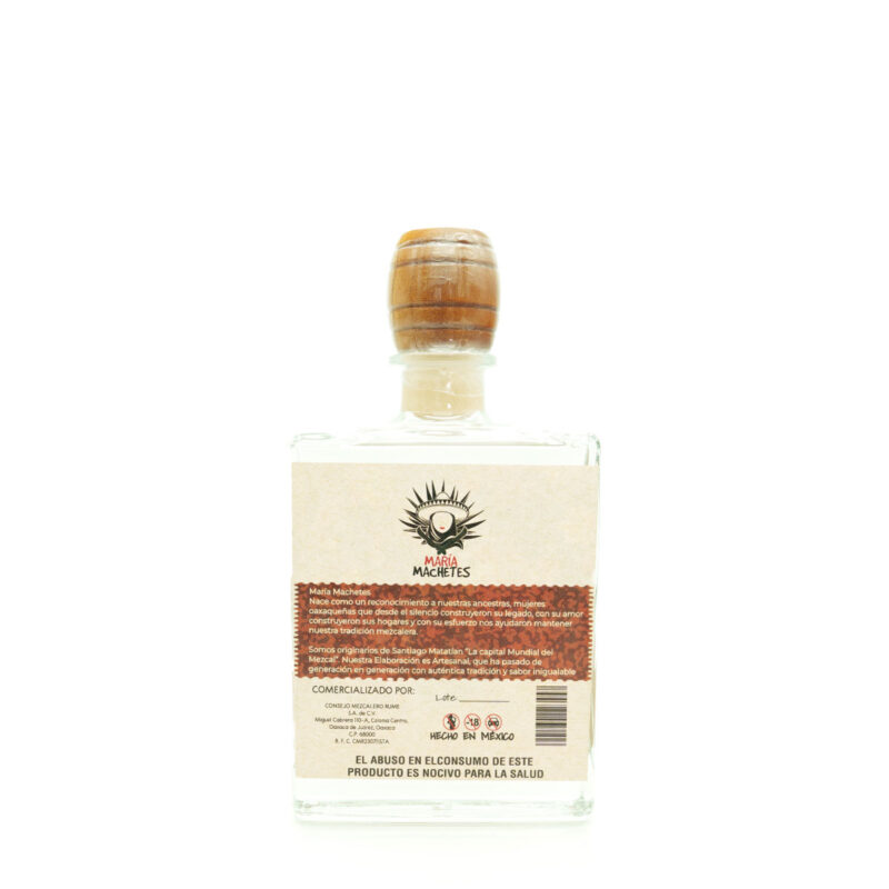 Botella de Mezcal María Machetes, colorida y artesanal.