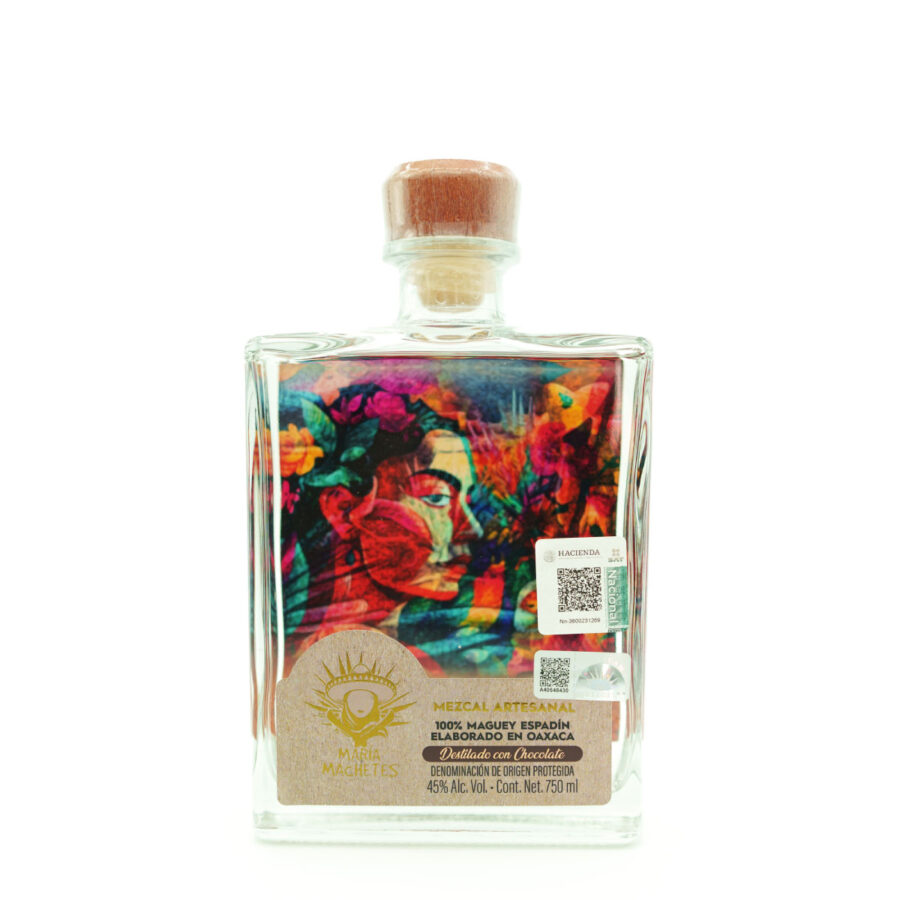 Botella de Mezcal María Machetes, colorida y artesanal