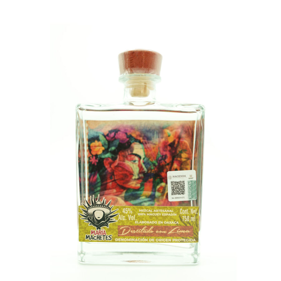 Botella de Mezcal María Machetes, colorida y artesanal