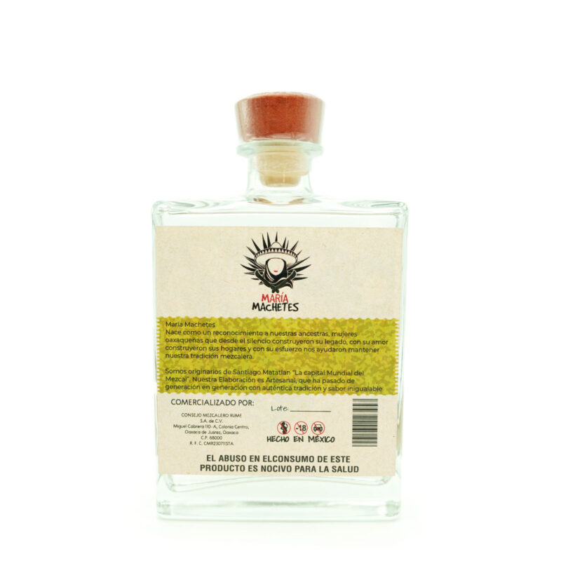 Botella de Mezcal María Machetes, colorida y artesanal