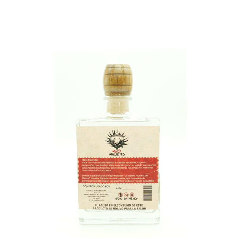 Botella de Mezcal María Machetes, colorida y artesanal.