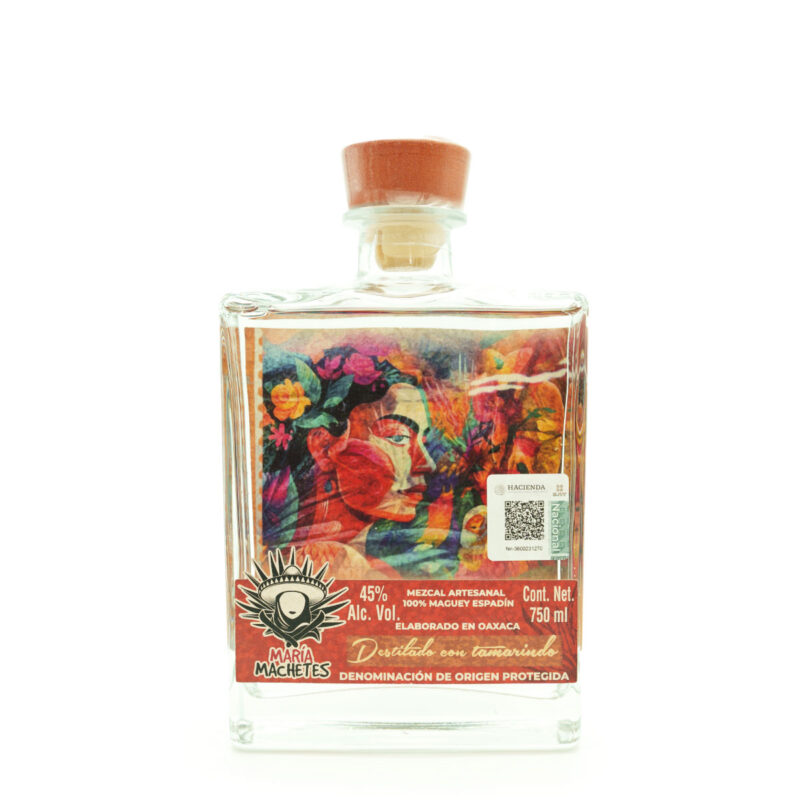 Botella de Mezcal María Machetes, colorida y artesanal