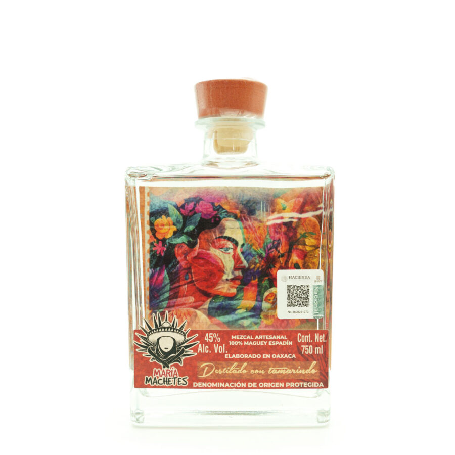 Botella de Mezcal María Machetes, colorida y artesanal