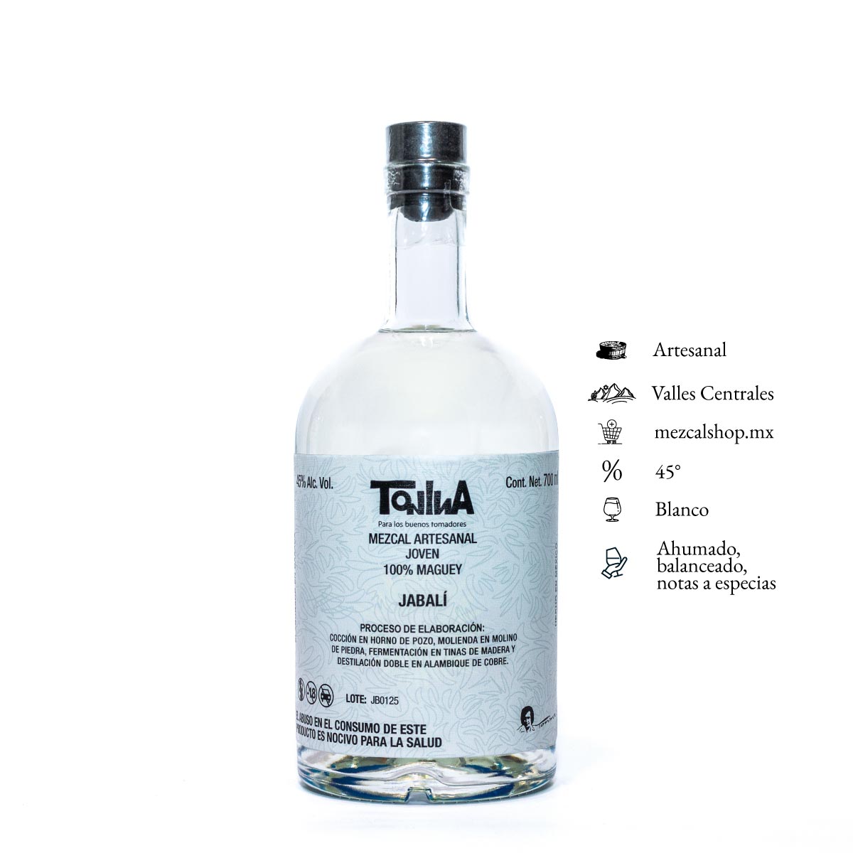 Mezcal Artesanal Tonina Jabalí 700ml 2 tonina jabali botella color azul mar